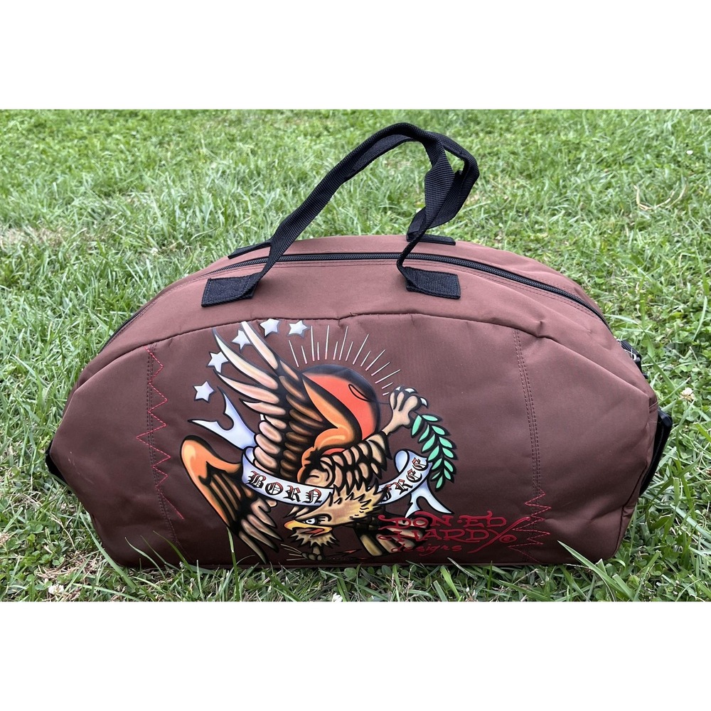 Ed Hardy Born Free Eagle Duffel Gym Bag Brown Tattoo Art Weekender Travel Strap